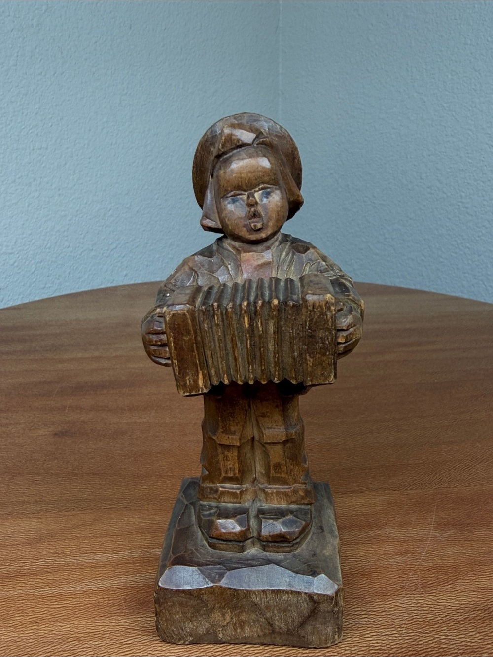 Vintage Hand Carved Wooden Figure Holding an Accordion Folk Art
